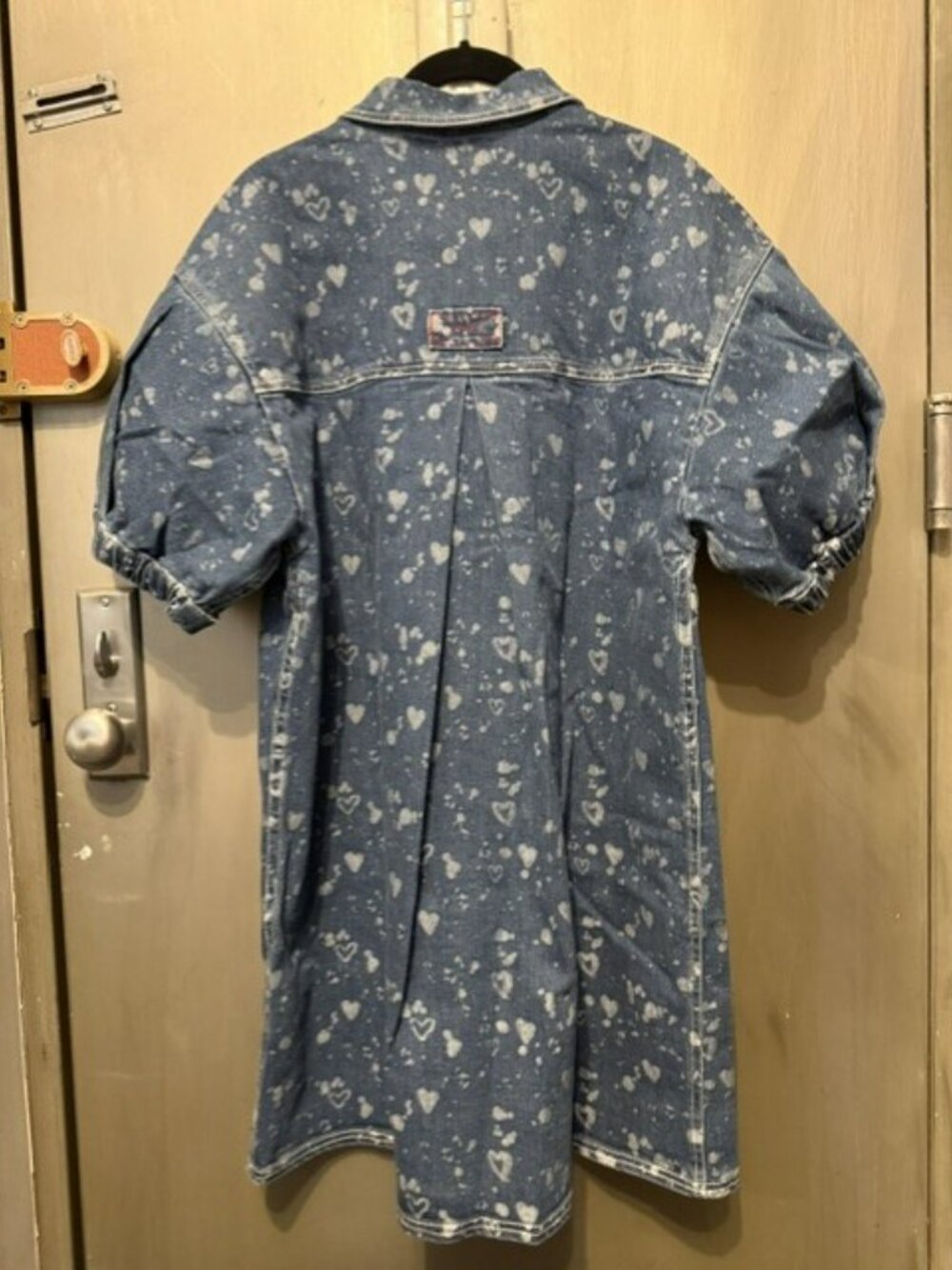 Pilcro Heart Print Denim Button-down Shift Mini Dress with Puff Sleeves - Picture 14 of 16